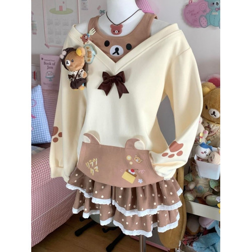 日系甜美可愛二次元軟萌宅系輕松熊假兩件長袖衛衣露肩寬松上衣女 日系甜美可愛二次元軟萌宅系輕松熊假兩件長袖衛衣露肩寬松上衣女