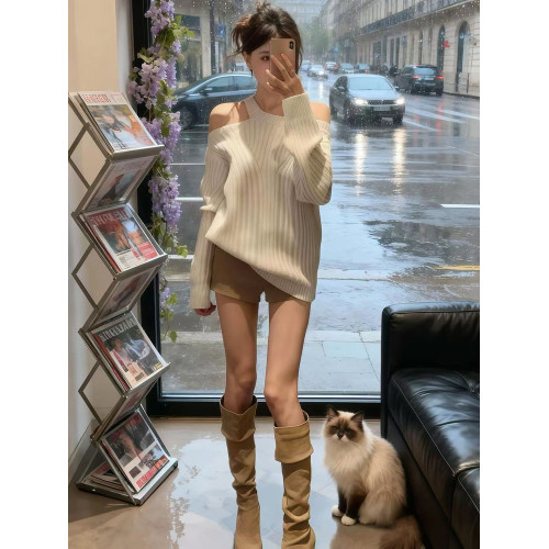 設計感針織衫女秋冬氣質高級感毛衣女巨好看掛脖斜肩寬松慵懶上衣