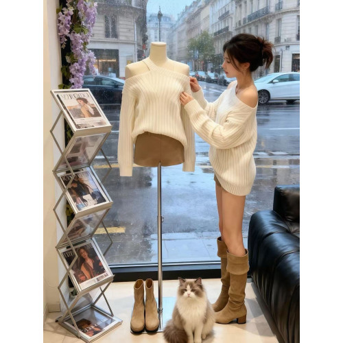 設計感針織衫女秋冬氣質高級感毛衣女巨好看掛脖斜肩寬松慵懶上衣