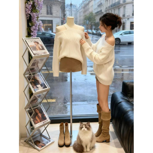 設計感針織衫女秋冬氣質高級感毛衣女巨好看掛脖斜肩寬松慵懶上衣