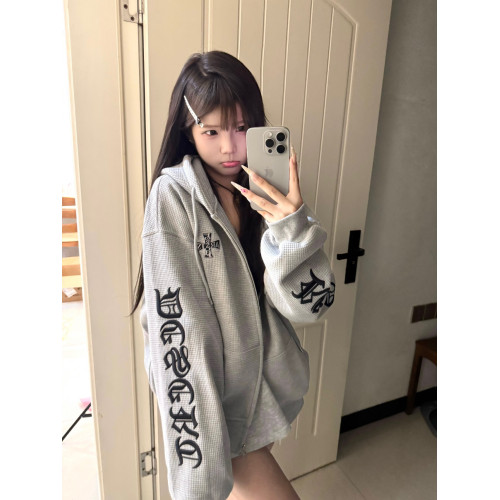 國潮牌華夫格連帽開衫衛衣女秋冬寬松oversize美式高街哥特風外套 國潮牌華夫格連帽開衫衛衣女秋冬寬松oversize美式高街哥特風外套