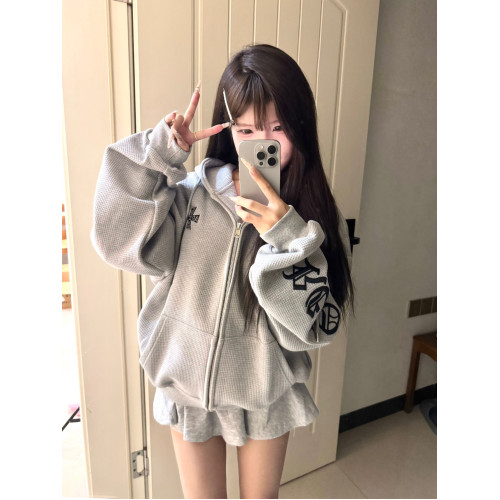 國潮牌華夫格連帽開衫衛衣女秋冬寬松oversize美式高街哥特風外套 國潮牌華夫格連帽開衫衛衣女秋冬寬松oversize美式高街哥特風外套