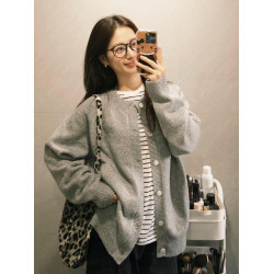 韓系早秋季復古灰色針織開衫毛衣女裝寬松外搭慵懶風休閒外套上衣