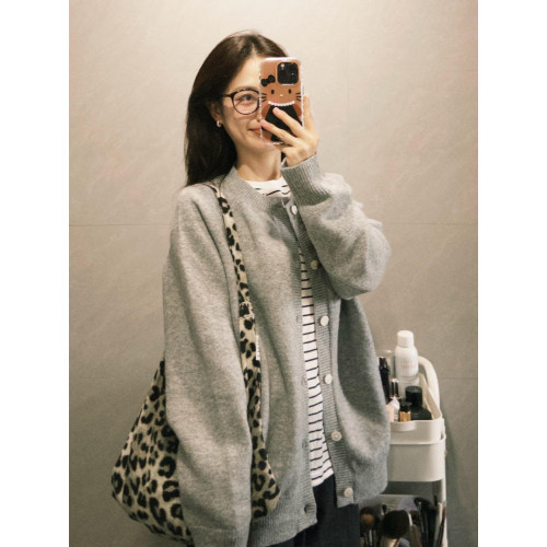 韓系早秋季復古灰色針織開衫毛衣女裝寬松外搭慵懶風休閒外套上衣