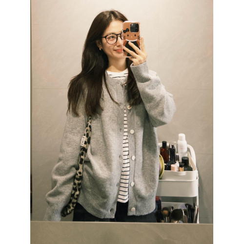 韓系早秋季復古灰色針織開衫毛衣女裝寬松外搭慵懶風休閒外套上衣