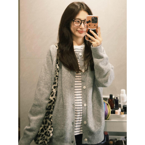 韓系早秋季復古灰色針織開衫毛衣女裝寬松外搭慵懶風休閒外套上衣