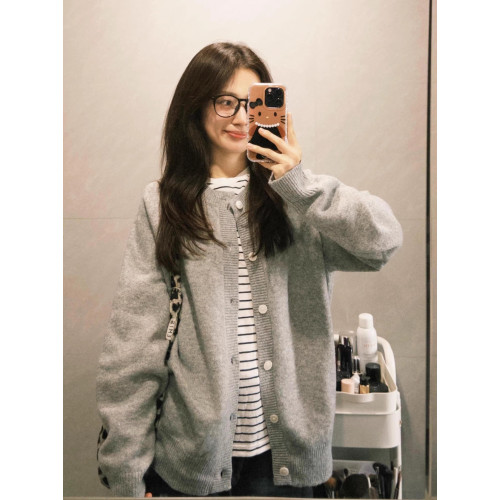 韓系早秋季復古灰色針織開衫毛衣女裝寬松外搭慵懶風休閒外套上衣