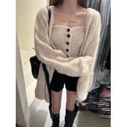 韓系氛圍感小衆秋冬純欲風抹胸單排釦打底衫開衫毛衣外套女兩件套