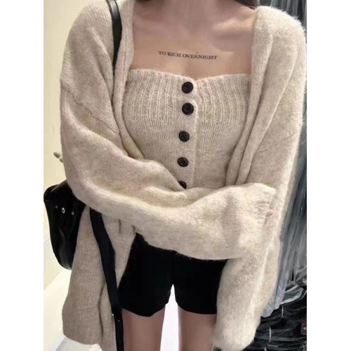 韓系氛圍感小衆秋冬純欲風抹胸單排釦打底衫開衫毛衣外套女兩件套