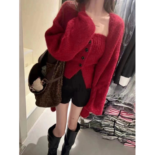 韓系氛圍感小衆秋冬純欲風抹胸單排釦打底衫開衫毛衣外套女兩件套