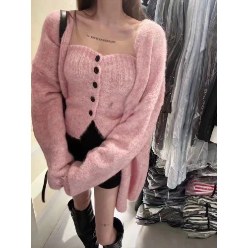 韓系氛圍感小衆秋冬純欲風抹胸單排釦打底衫開衫毛衣外套女兩件套