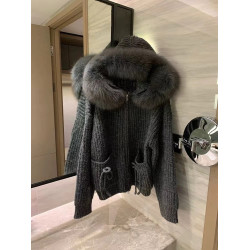 2025秋冬新款仿狐狸毛毛領連帽針織毛衣開衫慵懶風寬鬆軟糯外套女