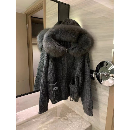 2025秋冬新款仿狐狸毛毛領連帽針織毛衣開衫慵懶風寬鬆軟糯外套女