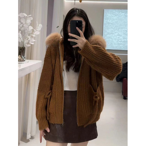 2025秋冬新款仿狐狸毛毛領連帽針織毛衣開衫慵懶風寬鬆軟糯外套女