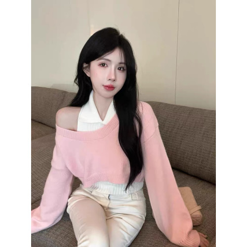 學院風polo領毛衣女秋季新款短款針織兩件套裝慵懶翻領小個子上衣