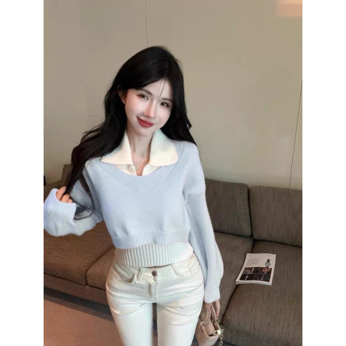 學院風polo領毛衣女秋季新款短款針織兩件套裝慵懶翻領小個子上衣