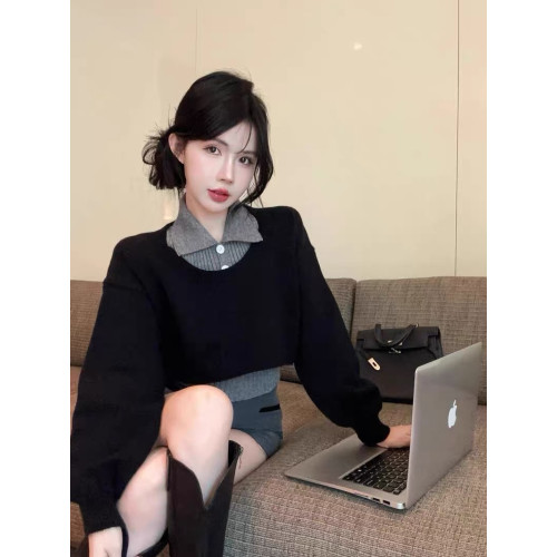 學院風polo領毛衣女秋季新款短款針織兩件套裝慵懶翻領小個子上衣