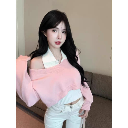 學院風polo領毛衣女秋季新款短款針織兩件套裝慵懶翻領小個子上衣