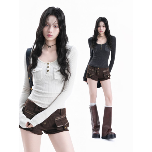 【坐喫山空】純欲風大領口長袖T恤女性感辣妹修身顯瘦短款打底衫