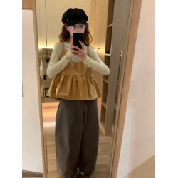 復古麂皮絨荷葉邊吊帶背心女早秋韓系減齡長袖打底曡穿兩件套上衣