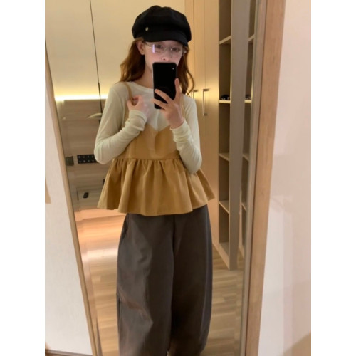 復古麂皮絨荷葉邊吊帶背心女早秋韓系減齡長袖打底曡穿兩件套上衣