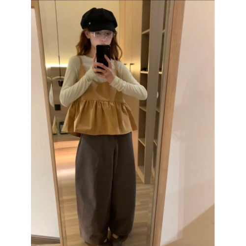 復古麂皮絨荷葉邊吊帶背心女早秋韓系減齡長袖打底曡穿兩件套上衣