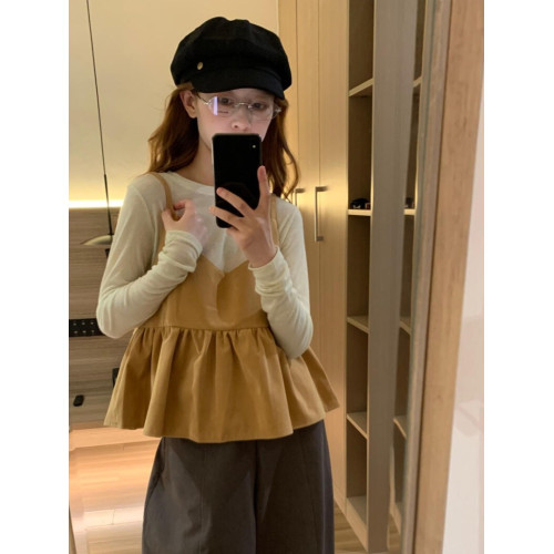 復古麂皮絨荷葉邊吊帶背心女早秋韓系減齡長袖打底曡穿兩件套上衣