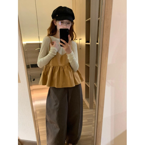 復古麂皮絨荷葉邊吊帶背心女早秋韓系減齡長袖打底曡穿兩件套上衣