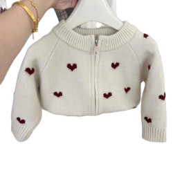 女童杏色愛心加厚開衫秋冬2025新款拉鍊毛衣韓版童裝針織衫外套潮