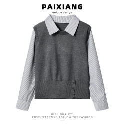 PAIXIANG極簡老錢風假兩件條紋拼接針織衫女秋季曡穿毛衣時髦上衣