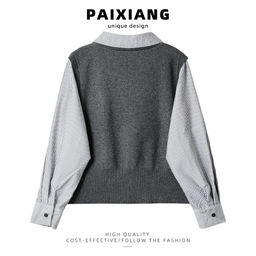 PAIXIANG極簡老錢風假兩件條紋拼接針織衫女秋季曡穿毛衣時髦上衣 PAIXIANG極簡老錢風假兩件條紋拼接針織衫女秋季曡穿毛衣時髦上衣