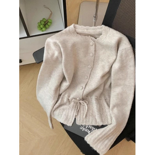 韓系溫柔風荷葉邊針織開衫女2025秋季毛衣長袖收腰顯瘦上衣女外套