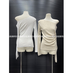 燙鑽斜領長袖t恤秋季2026新款修身純色辣妹純欲茶藝一字肩針織衫