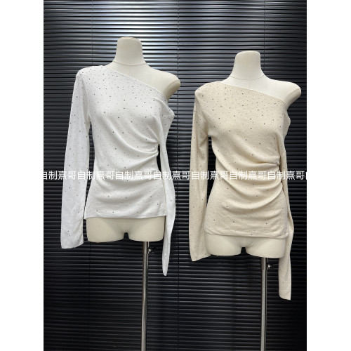 燙鑽斜領長袖t恤秋季2026新款修身純色辣妹純欲茶藝一字肩針織衫