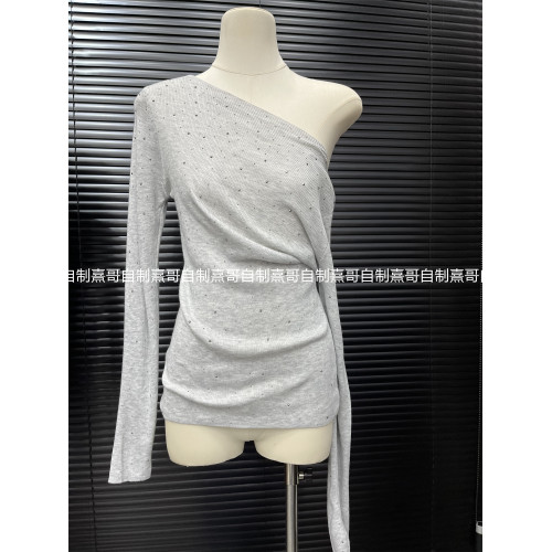 燙鑽斜領長袖t恤秋季2026新款修身純色辣妹純欲茶藝一字肩針織衫