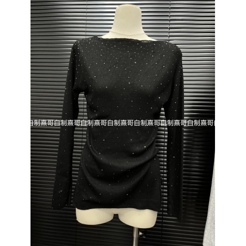 燙鑽斜領長袖t恤秋季2026新款修身純色辣妹純欲茶藝一字肩針織衫