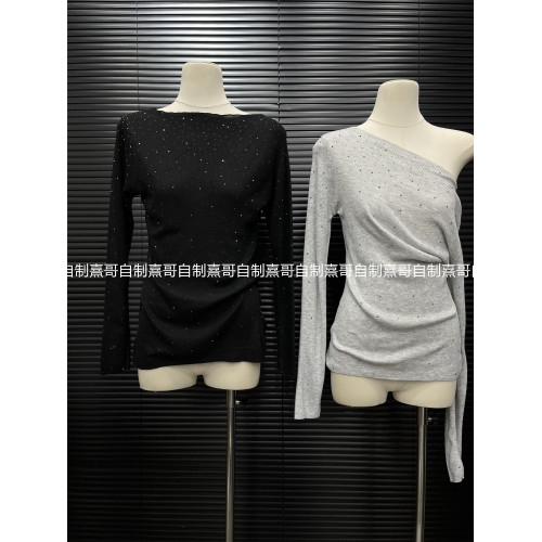 燙鑽斜領長袖t恤秋季2026新款修身純色辣妹純欲茶藝一字肩針織衫