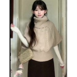 2025新款慵懶風高級感高領鬭篷毛衣女秋冬韓系百搭外穿針織衫上衣