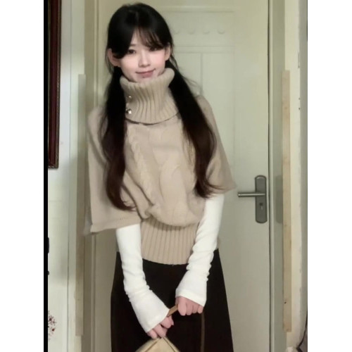 2025新款慵懶風高級感高領鬭篷毛衣女秋冬韓系百搭外穿針織衫上衣