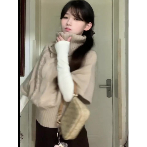 2025新款慵懶風高級感高領鬭篷毛衣女秋冬韓系百搭外穿針織衫上衣