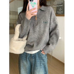 日系藏藍色polo繙領半拉鍊毛衣女秋冬季超好看軟糯寬鬆針織衫上衣