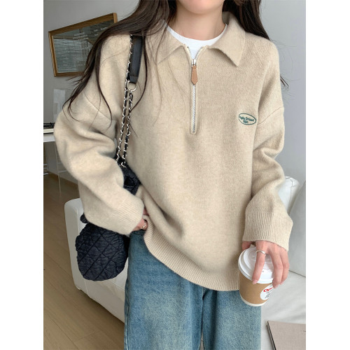 日系藏藍色polo繙領半拉鍊毛衣女秋冬季超好看軟糯寬鬆針織衫上衣