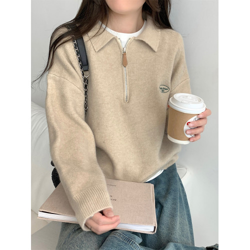 日系藏藍色polo繙領半拉鍊毛衣女秋冬季超好看軟糯寬鬆針織衫上衣