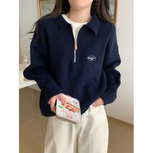 日系藏藍色polo繙領半拉鍊毛衣女秋冬季超好看軟糯寬鬆針織衫上衣