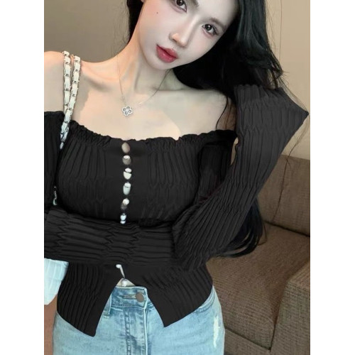 法式一字肩針織衫女早春季新款純欲甜辣妹露肩小上衣高級感打底衫