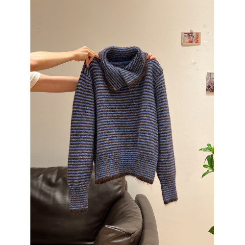 條紋高領加厚套頭毛衣女外套2025秋冬季慵懶風寬松翻領針織衫上衣 條紋高領加厚套頭毛衣女外套2025秋冬季慵懶風寬松翻領針織衫上衣