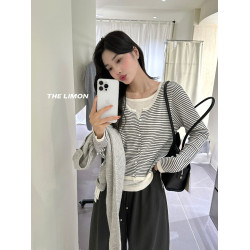 韓系假兩件長袖針織衫女2025新款早秋穿搭松弛感寬松收腰抽繩上衣