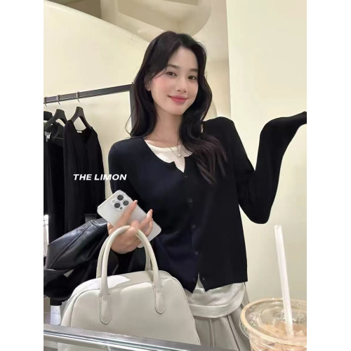 韓系假兩件長袖針織衫女2025新款早秋穿搭松弛感寬松收腰抽繩上衣