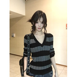 韓系復古條紋毛衣女秋冬慵嬾高級感設計感修身顯瘦辣妹針織衫上衣