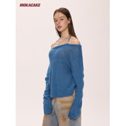 MOKACAKE藍色一字肩掛脖薄毛針織衫露肩設計感小衆毛衣上衣女秋季